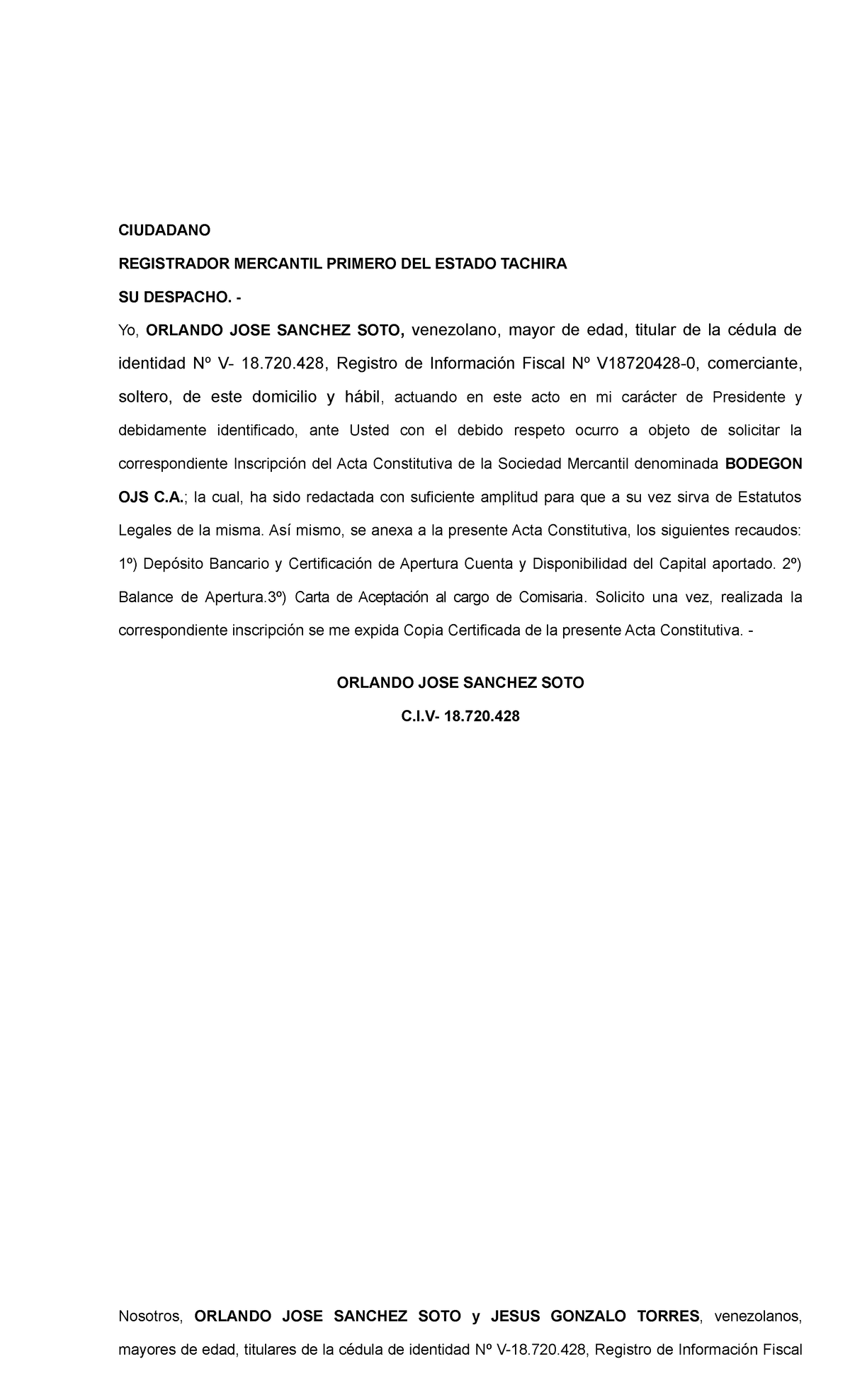 Acta Constitutiva de Bodegon OJS C.A. - Registro Mercantil Táchira - Document Preview