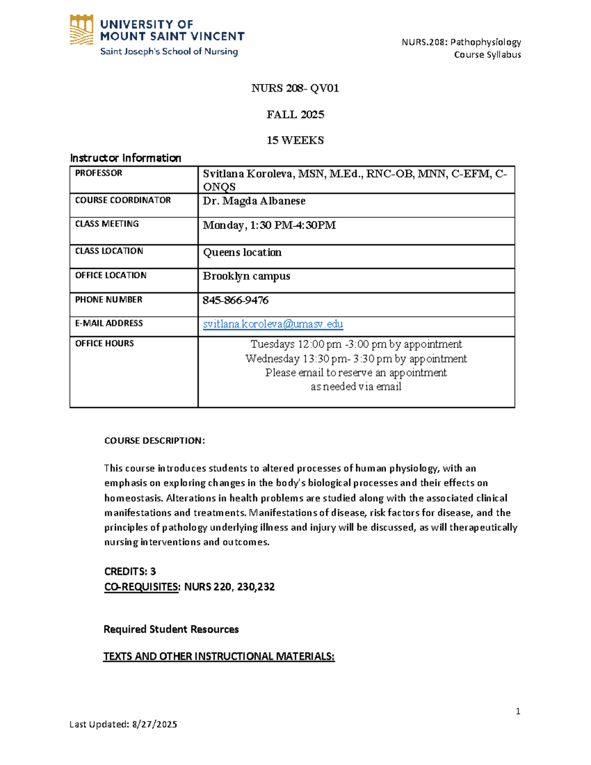 NURS.208: Pathophysiology Course Syllabus for Fall 2025 - Studocu