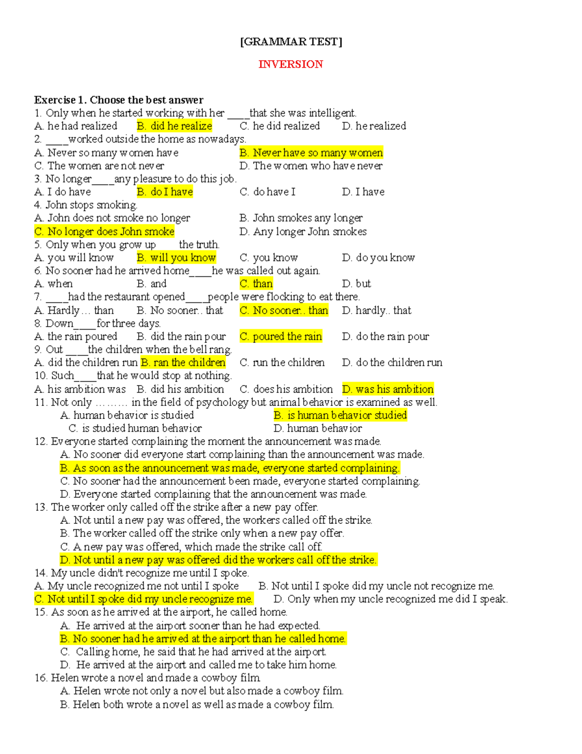 Grammar TEST - Inversion Exercises and Answers - Studocu