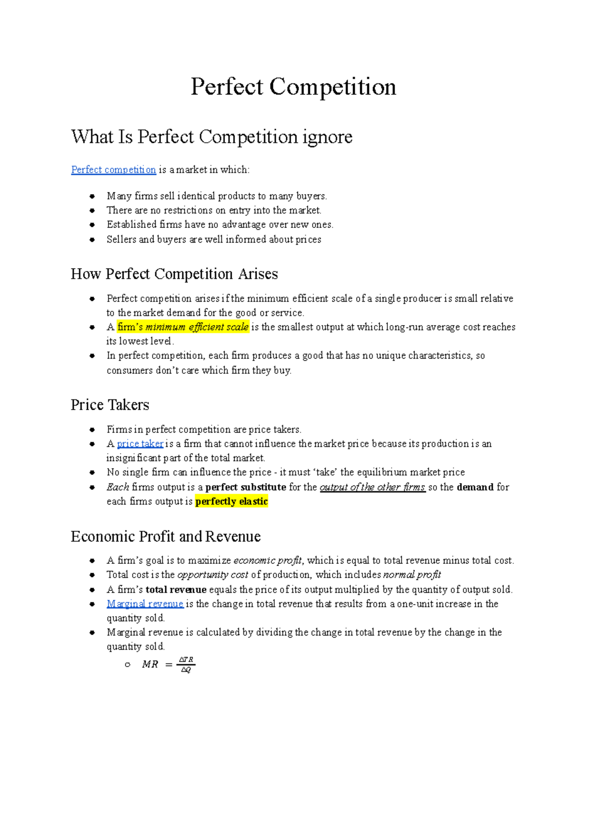 ECON 1000 - Chapter 11: Perfect Competition Overview - Studocu