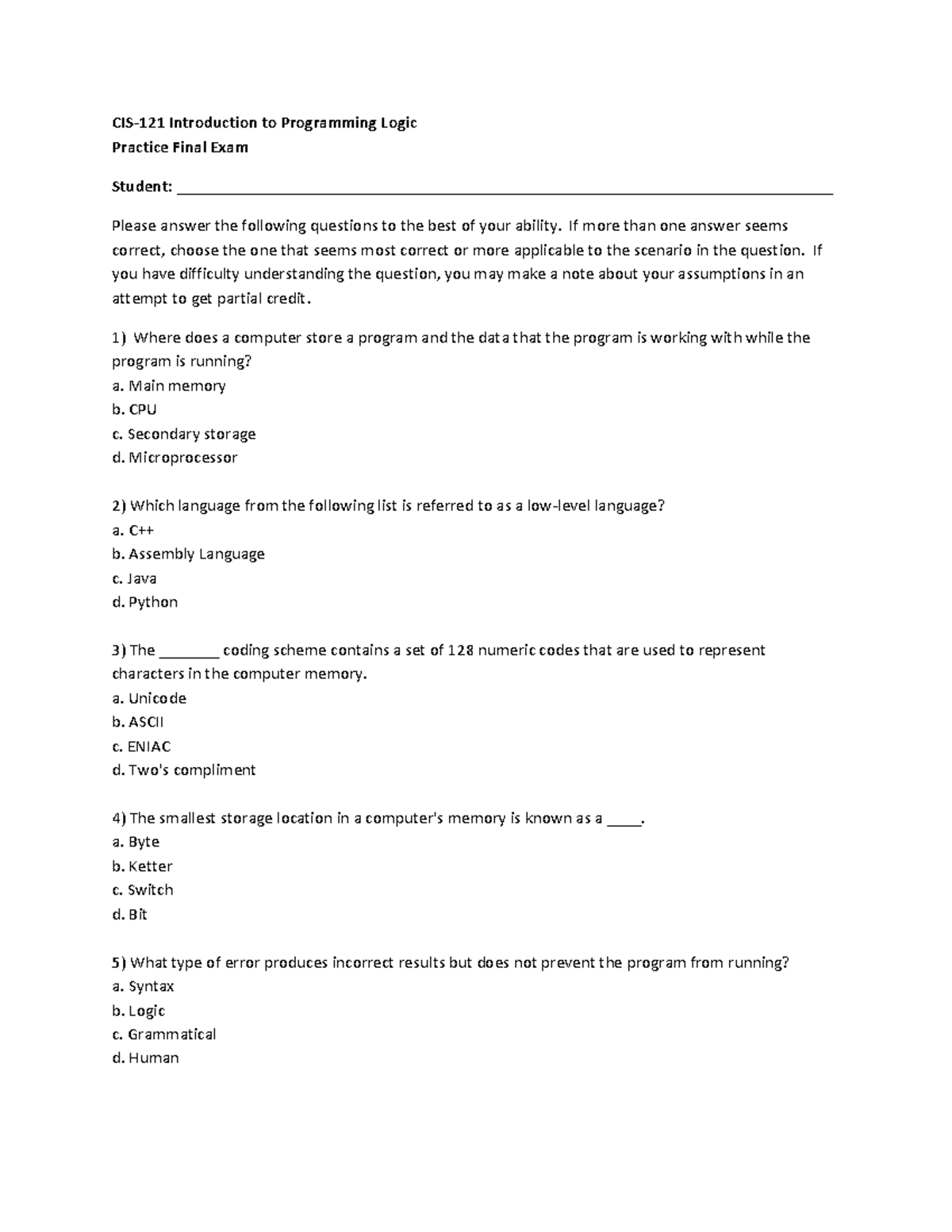 CIS 121 Practice Final Exam Questions and Answers - Studocu