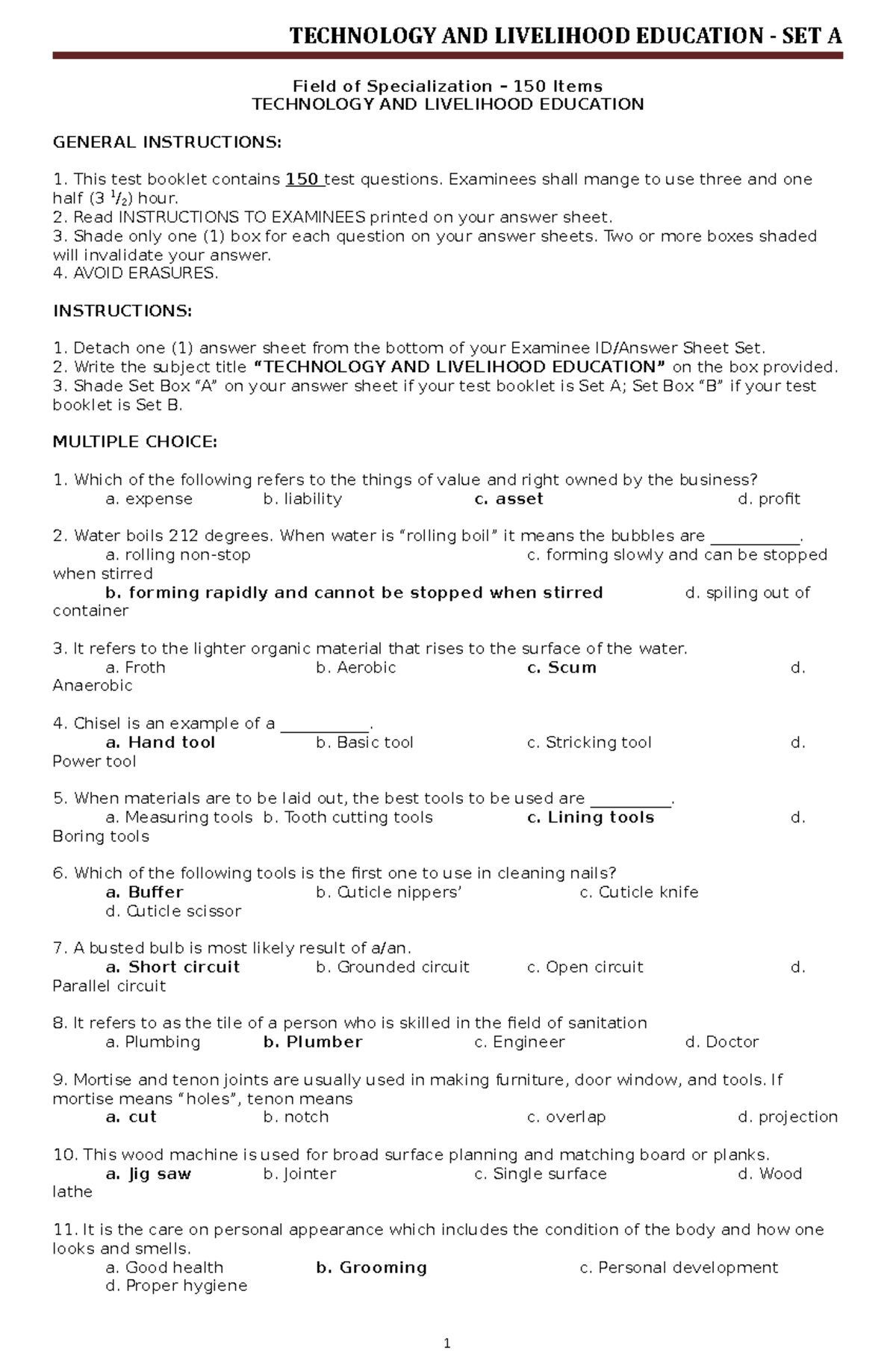 TLE 150 Item Exam - Set A Answer Key for Technology & Livelihood ...