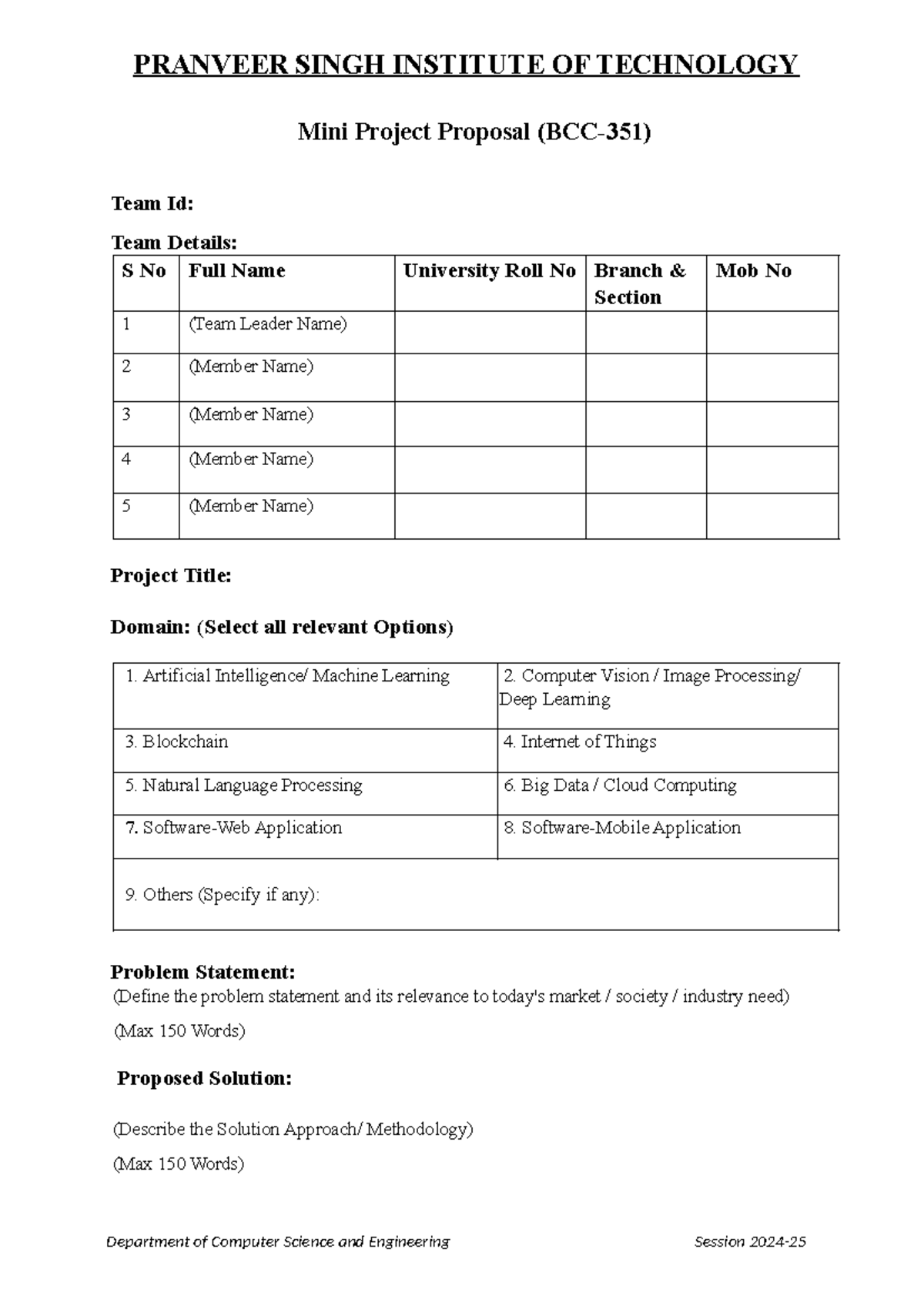 Mini Project Proposal 2024-25-1 - PRANVEER SINGH INSTITUTE OF ...