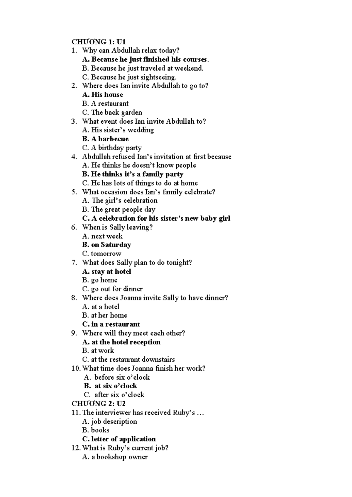 CHƯƠNG 1-6: U1-U6 Listening Comprehension Questions and Answers - Studocu