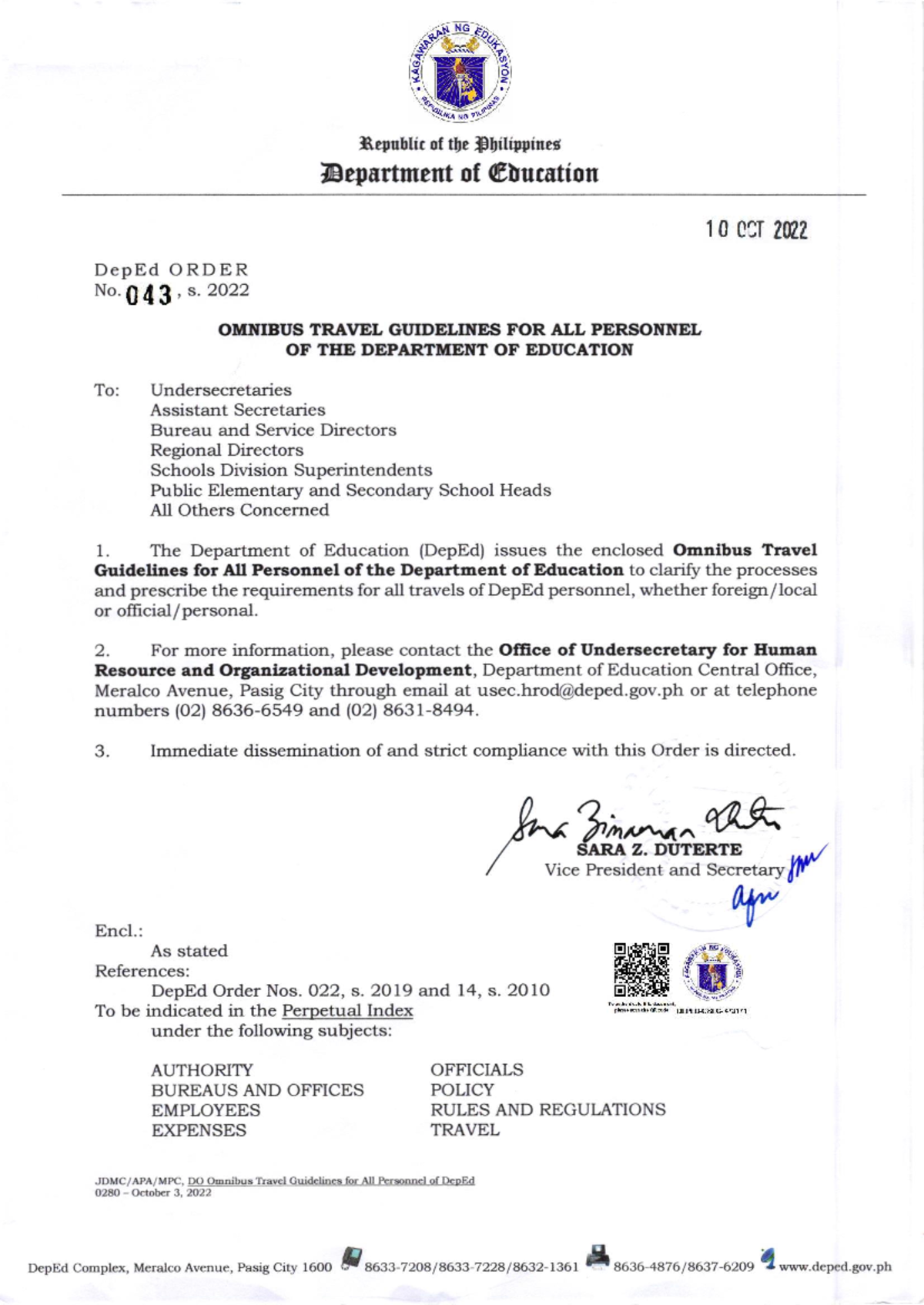 DepEd Order No. 43, s. 2022: Omnibus Travel Guidelines for Personnel - Document Preview