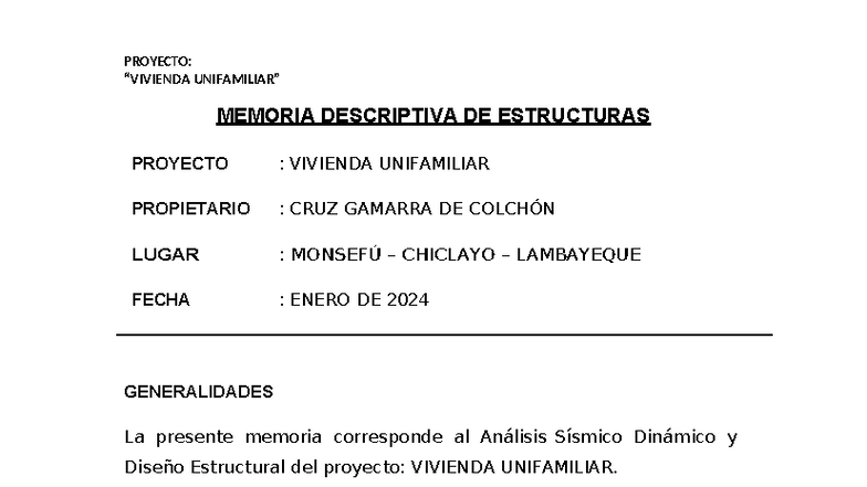 Memoria Descriptiva de Estructuras: Proyecto Vivienda Unifamiliar - Studocu
