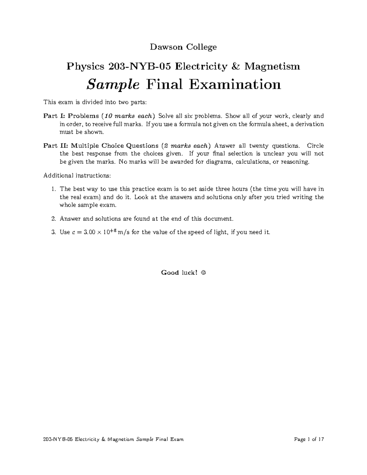 Dawson College PHYS 101 Electricity & Magnetism Sample Final Exam - Studocu