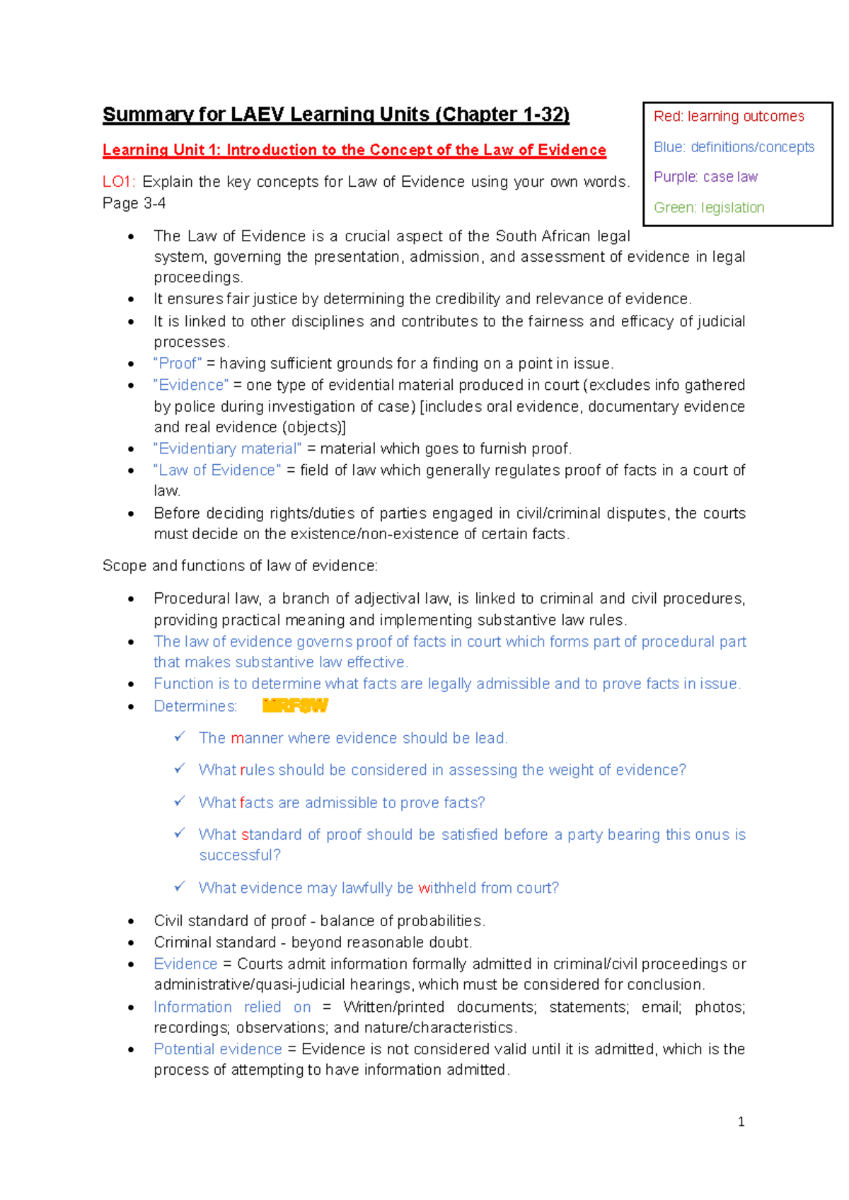 Summary of LAEV Exam Notes: Key Concepts in Law of Evidence - Studocu