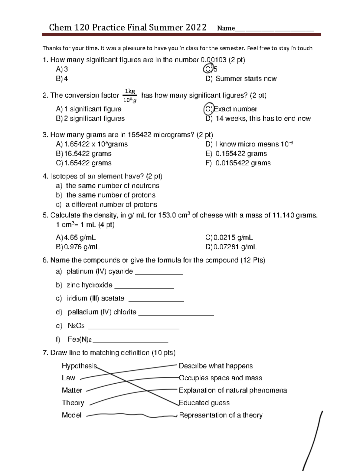 Chem 120 Practice Final Review Questions Summer 2022 - Studocu