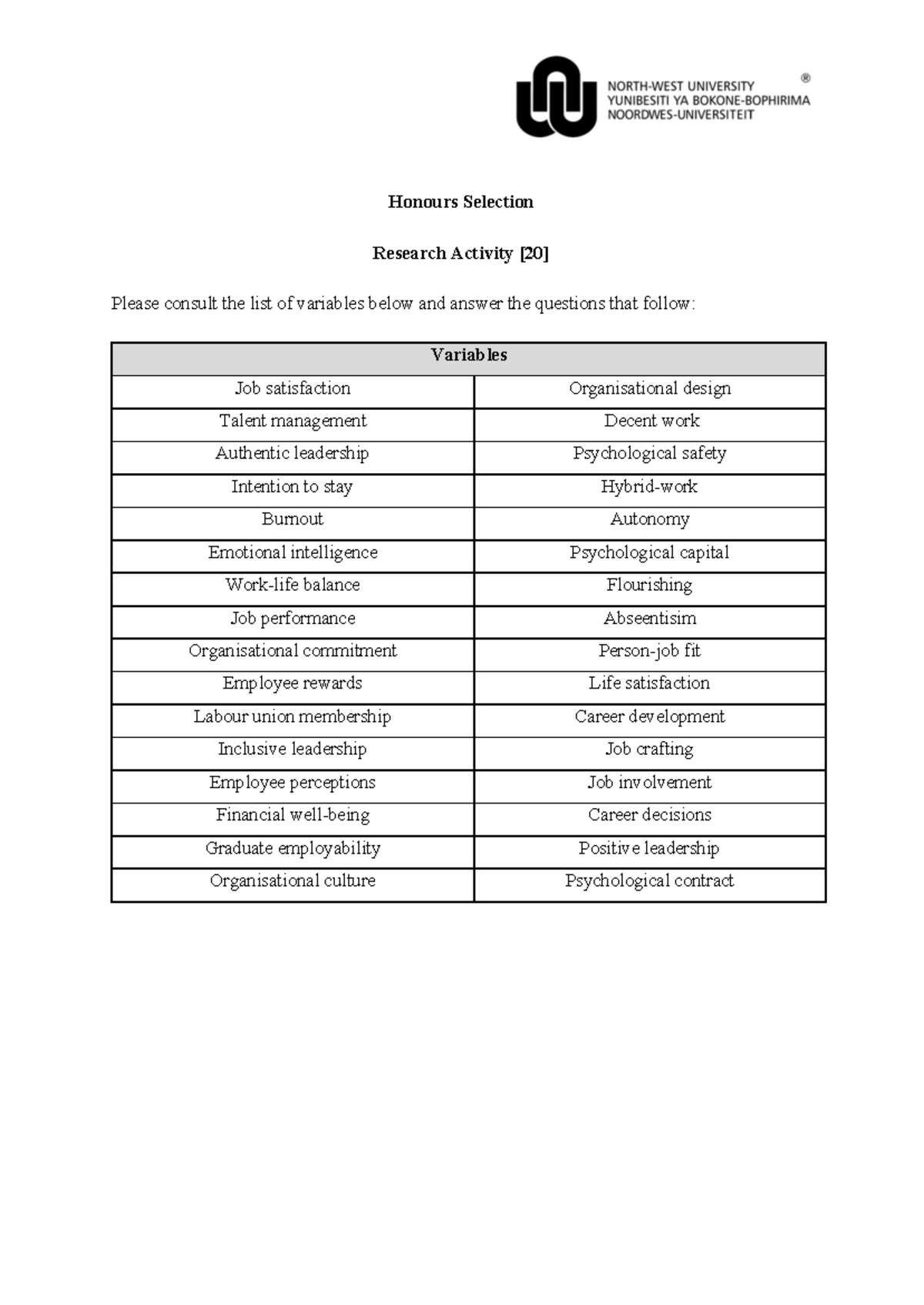 Honours Selection Research Activity - Variables and Questions Guide ...