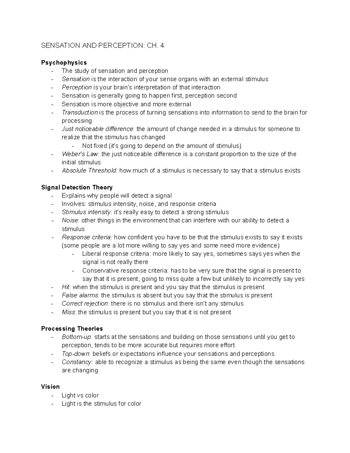 Sensation and Perception: Ch. 4 Psychophysics Notes (Psych 101) - Studocu