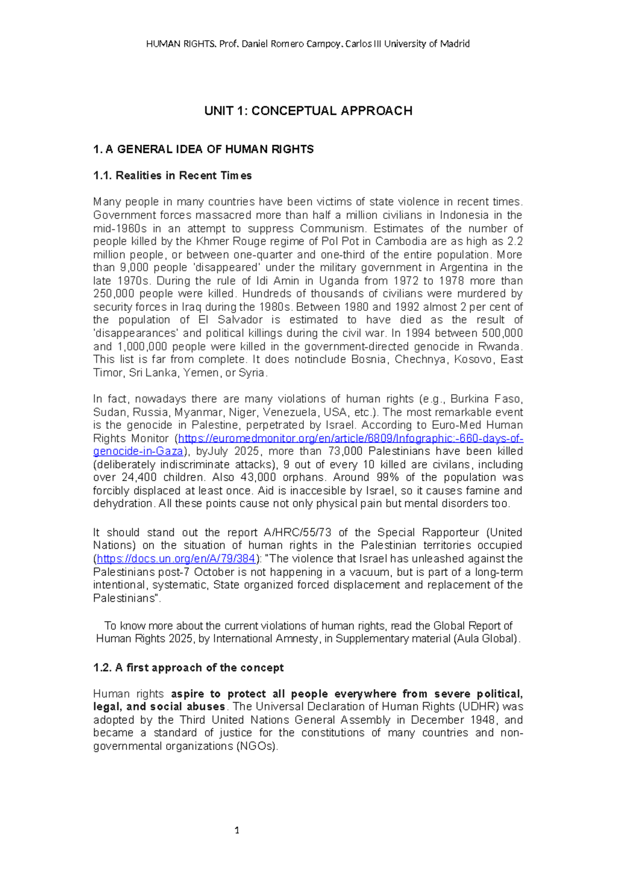 HUMAN RIGHTS: Unit 1 Lecture Notes by Prof. Daniel Romero Campoy - Studocu