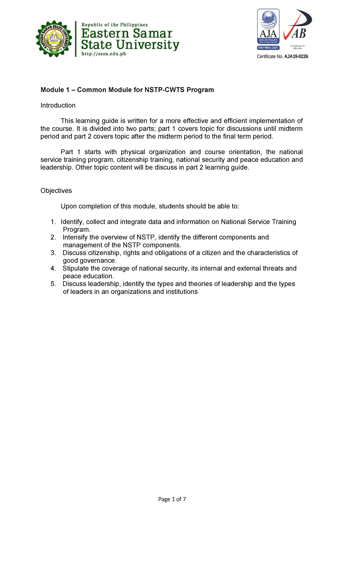 CWTS 101: Lesson 1 - Introduction to National Service Training Program ...