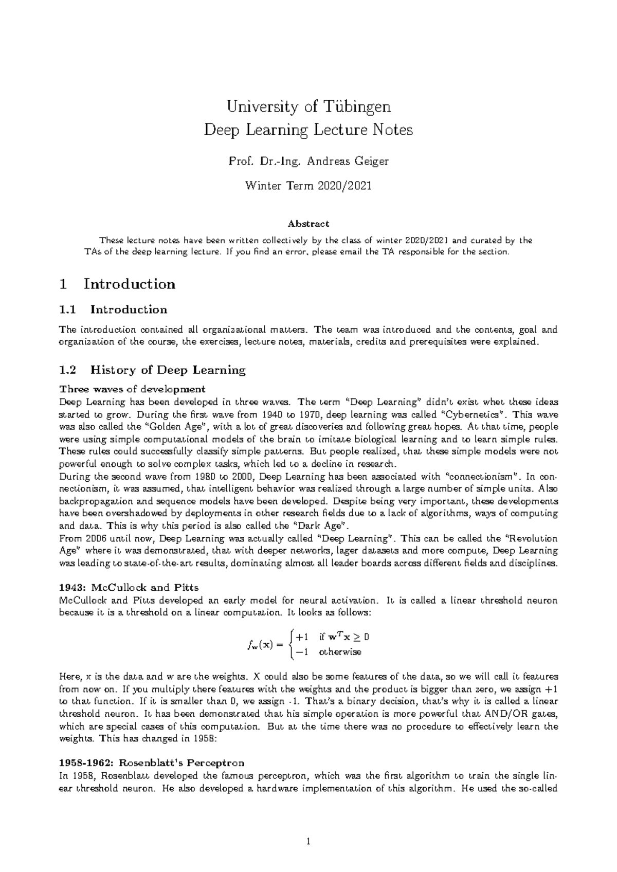 Deep Learning Lecture Notes (CS101) - Prof. Andreas Geiger Winter Term ...
