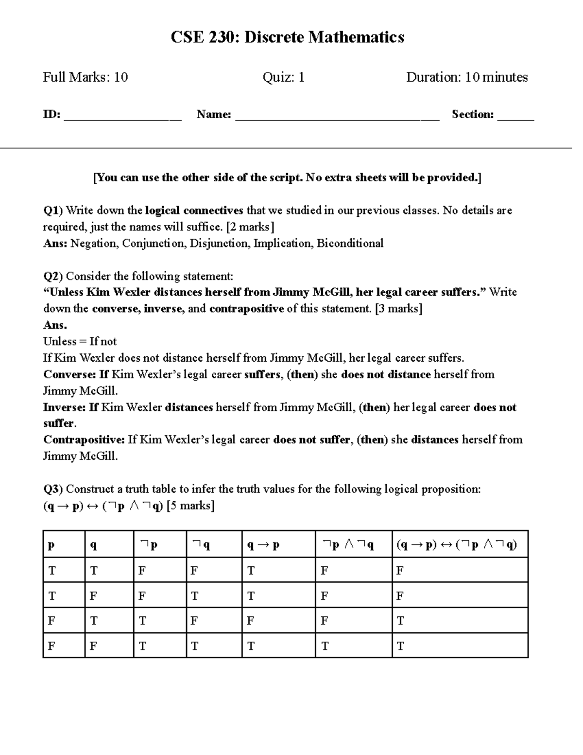 CSE 230 Quiz 1 Set 2: Discrete Mathematics Questions Only - Studocu