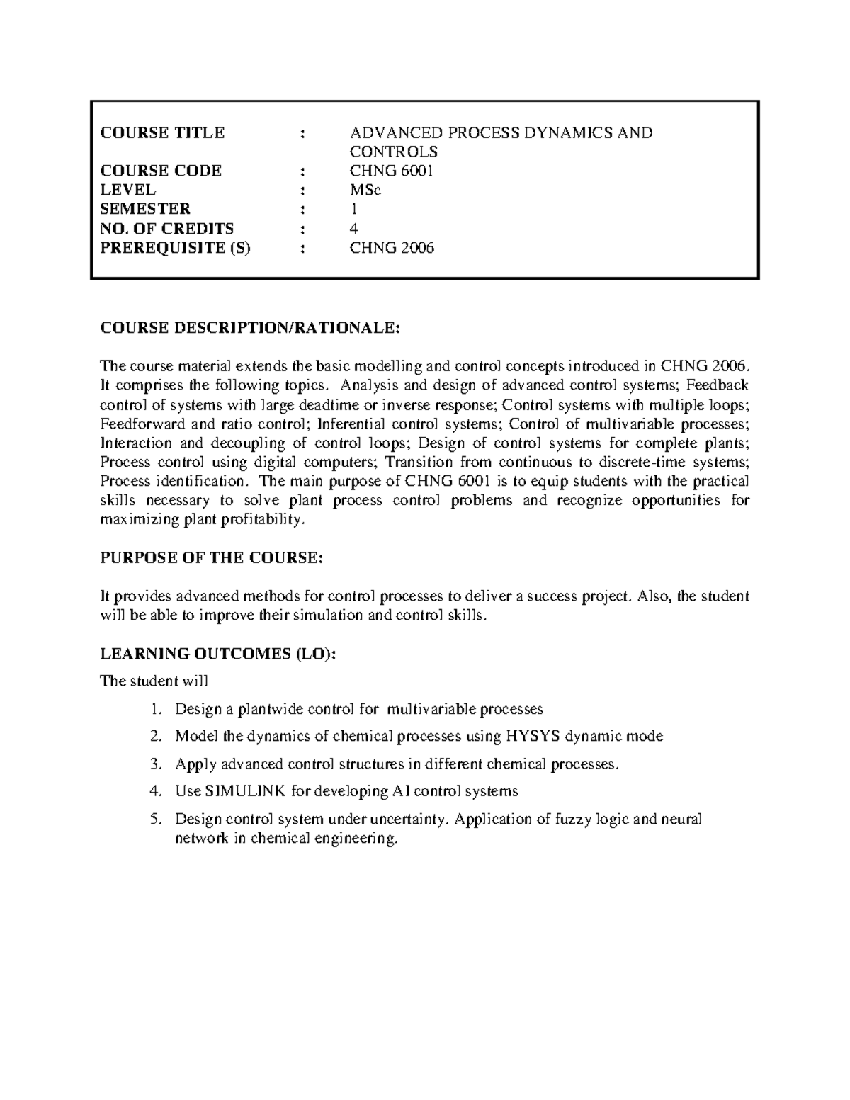CHNG6001 - Advanced Process Dynamics & Control Course Notes - Studocu