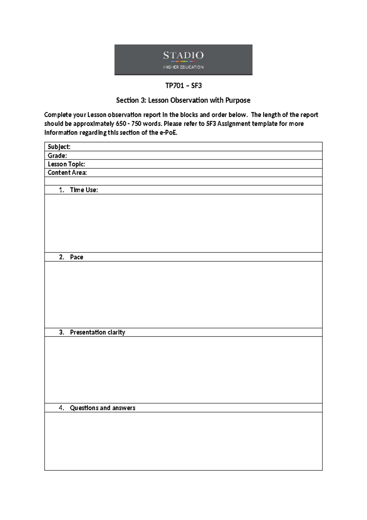 Lesson Observation Report for TP701 – SF3 Assignment - TP701 – SF ...