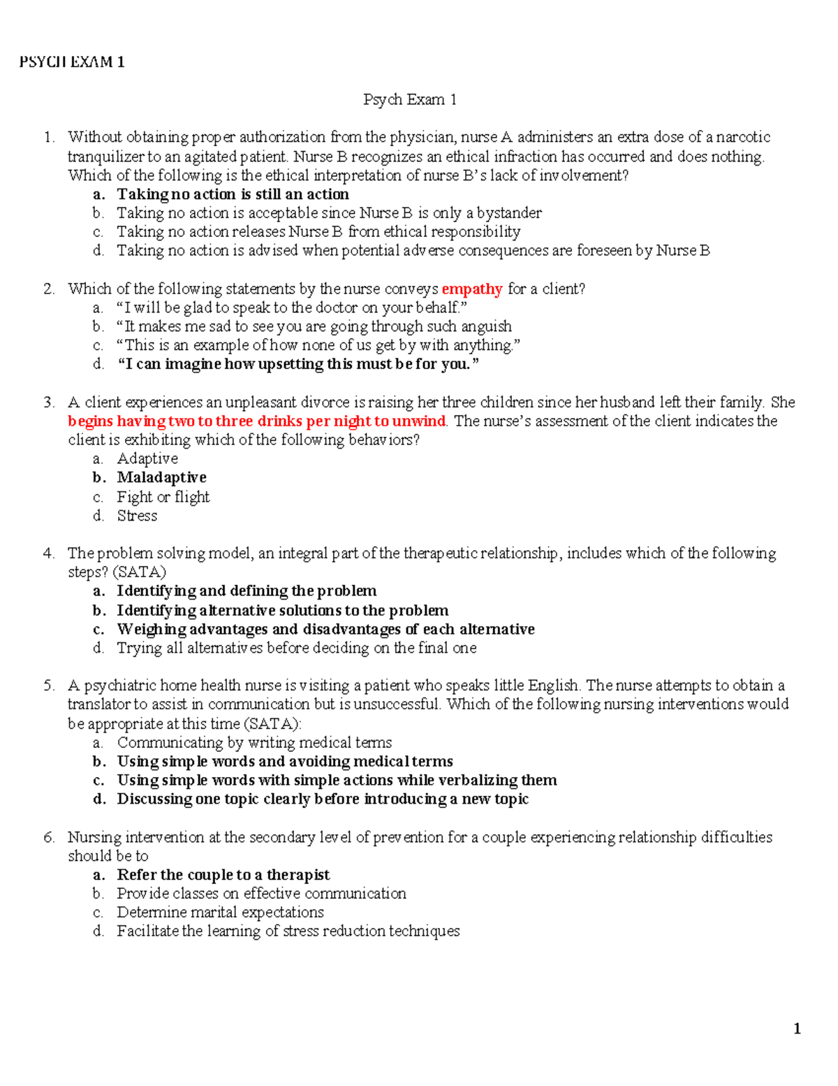 NUR 4250P Psych Exam 1 Practice Questions and Answers - Studocu
