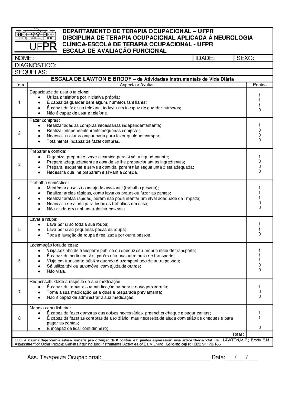 Escala de Lawton e Brody: Avaliação Funcional em Terapia Ocupacional ...