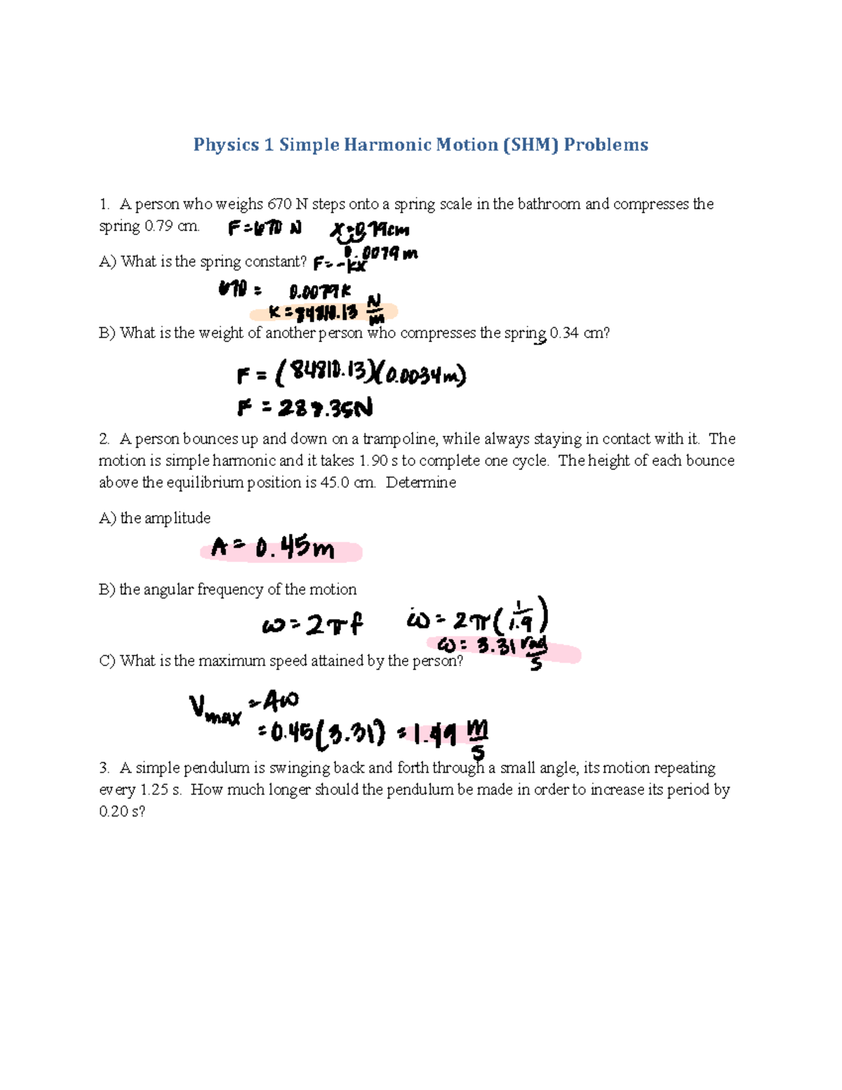 Phys I Exam: Simple Harmonic Motion Problems and Solutions - Studocu