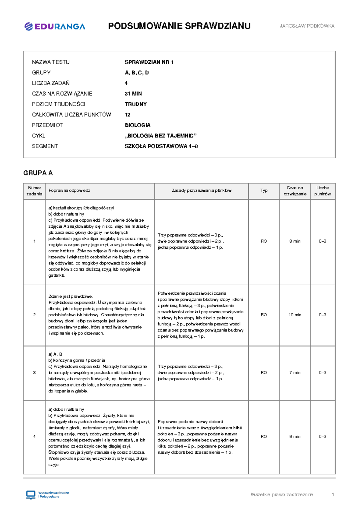 Sprawdzian nr 1 z Biologii - Podsumowanie dla Grup A, B, C, D - Studocu