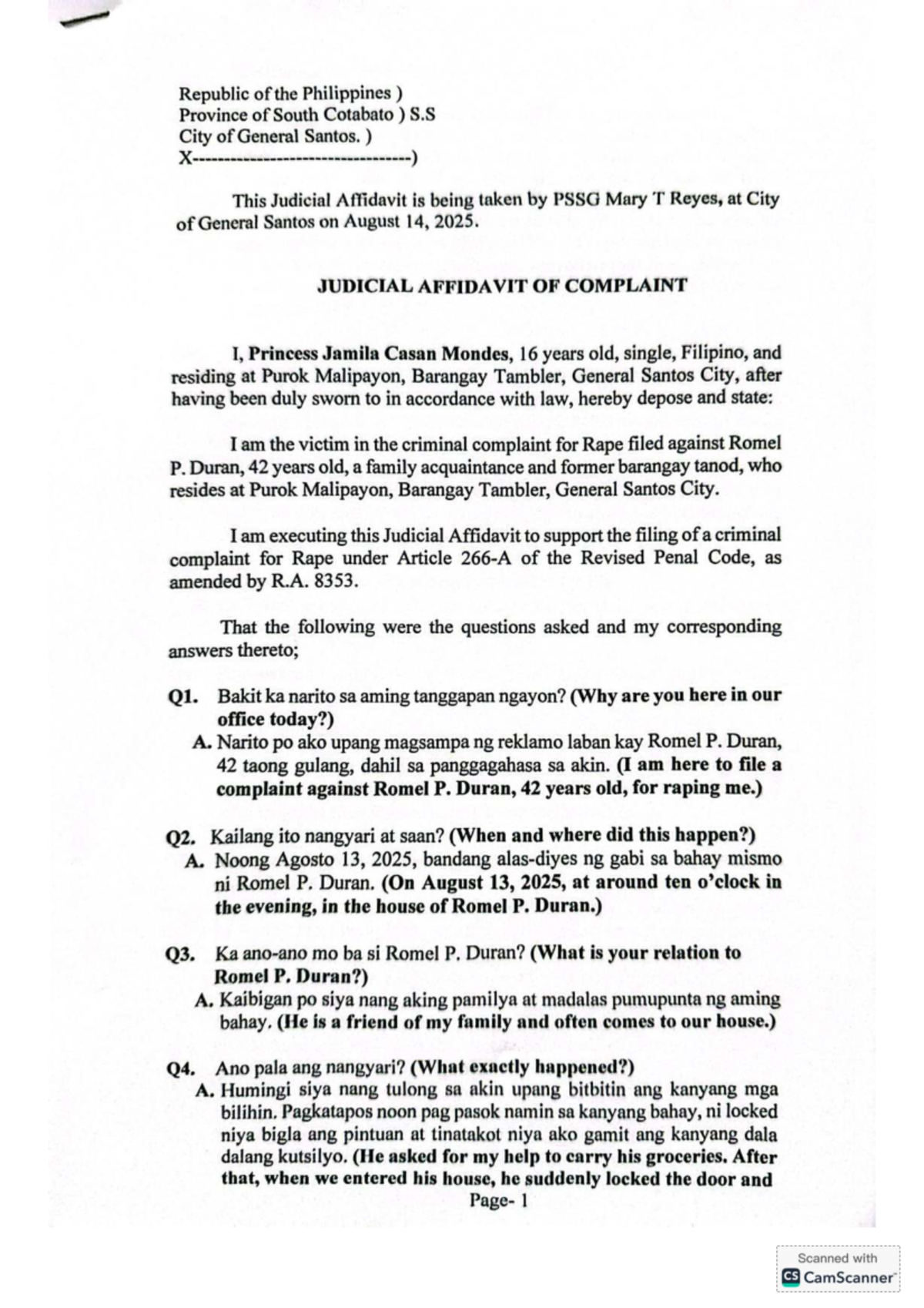 Judicial Affidavit of Complaint - Rape Case (General Santos) - Studocu
