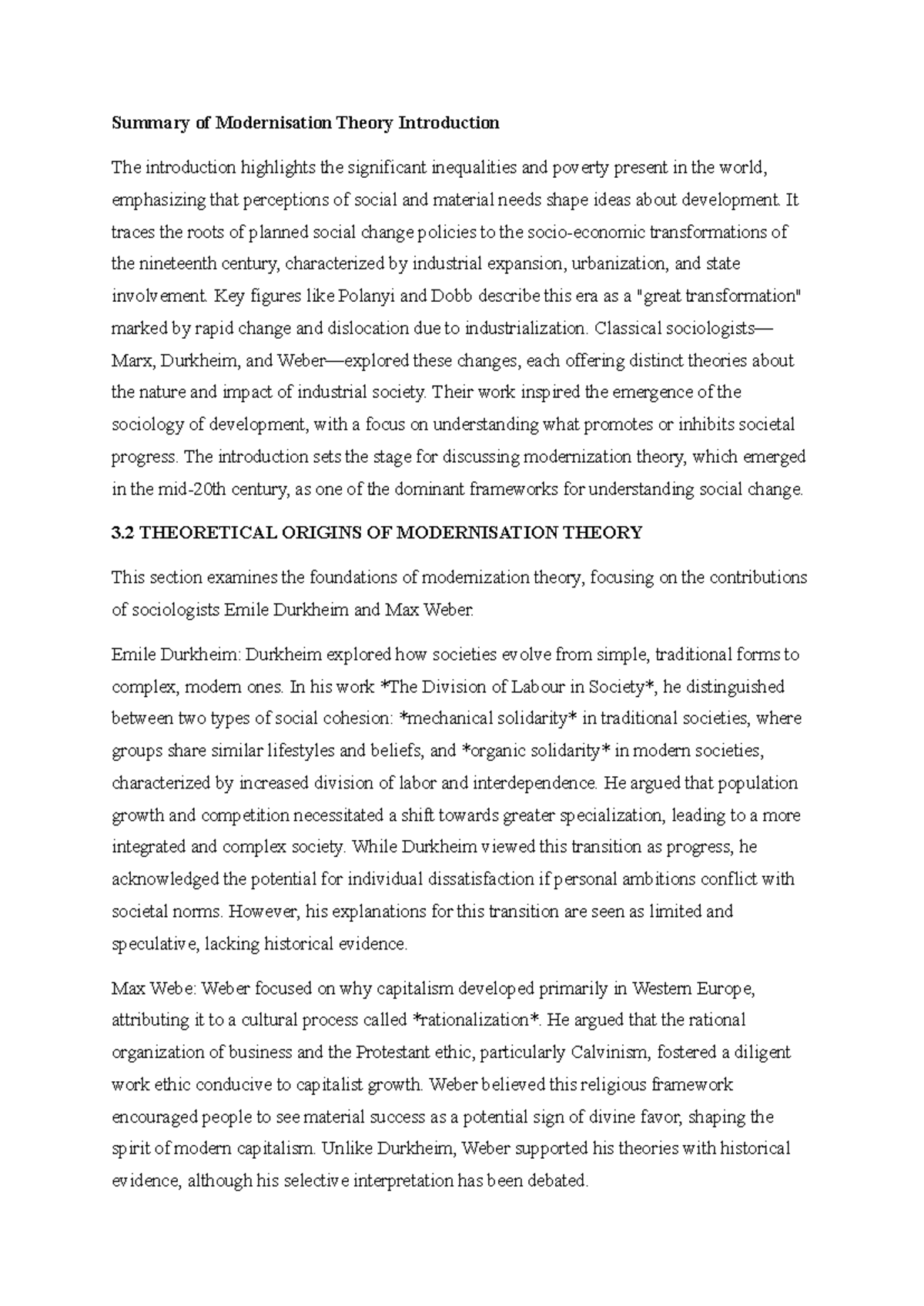 MOD 101: Summary of Modernization Theory Concepts and Critiques - Studocu