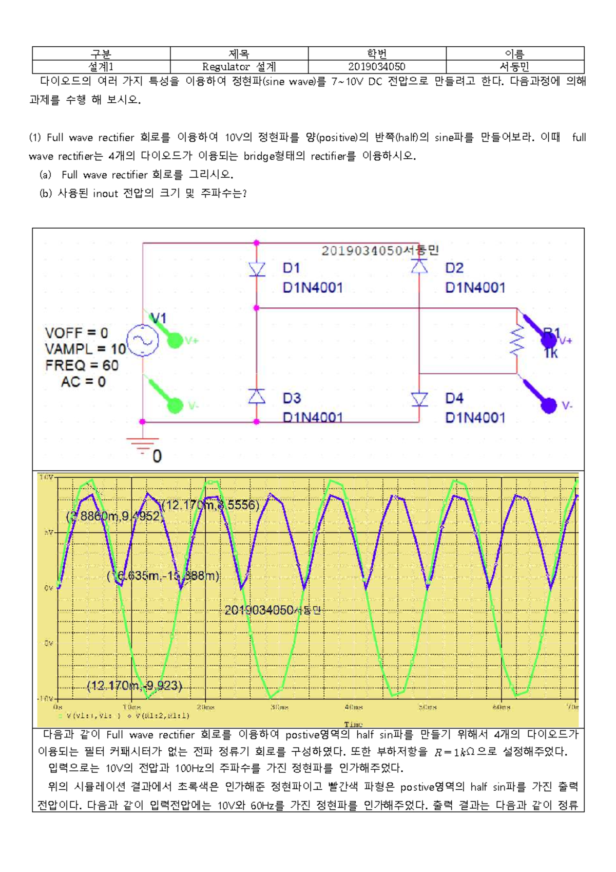 전자회로실험 (2019034050) : Full Wave Rectifier 설계 및 분석 보고서 - Studocu
