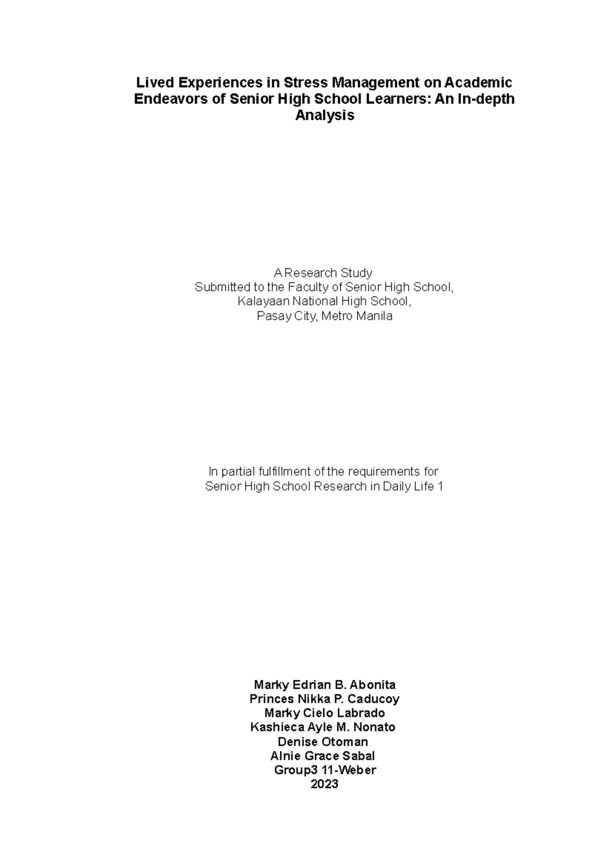 Lived Experiences of SHS Students in Stress Management: A Study - Studocu