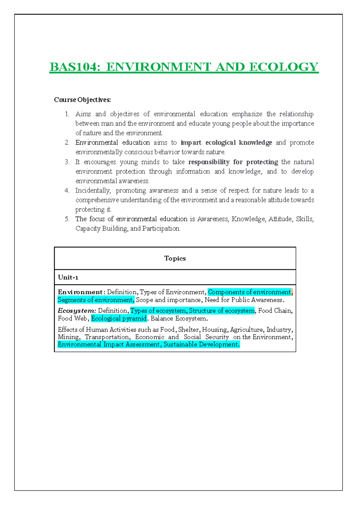 BAS104: Unit 1 EVS Notes on Environment and Ecology Concepts - Studocu