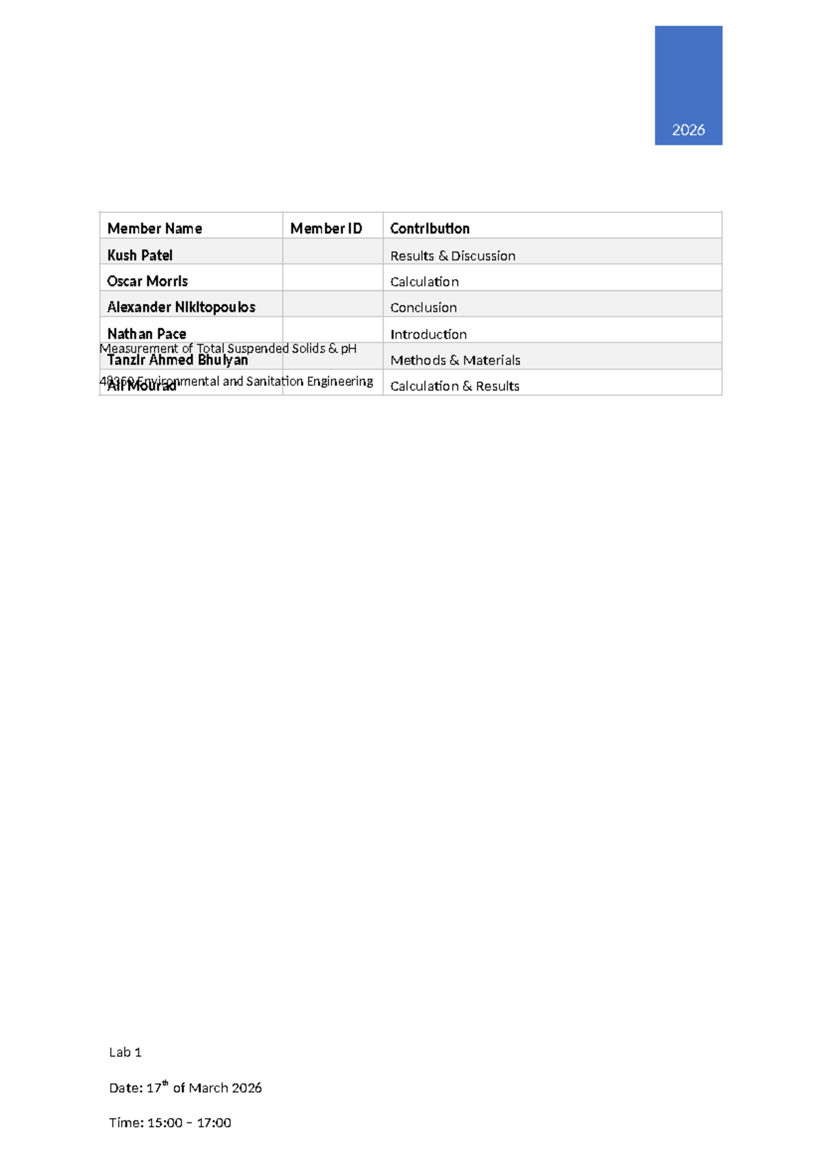 Lab Report 1: pH & TSS Measurement in Environmental Engineering (48350 ...
