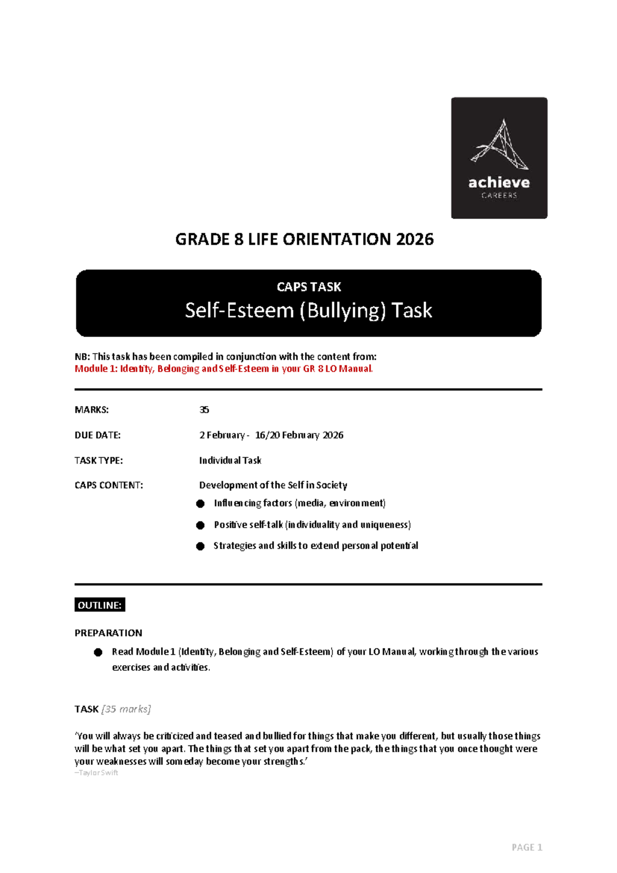 GRADE 8 LIFE ORIENTATION 2026 CAPS TASK: Bullying & Self-Esteem - Studocu