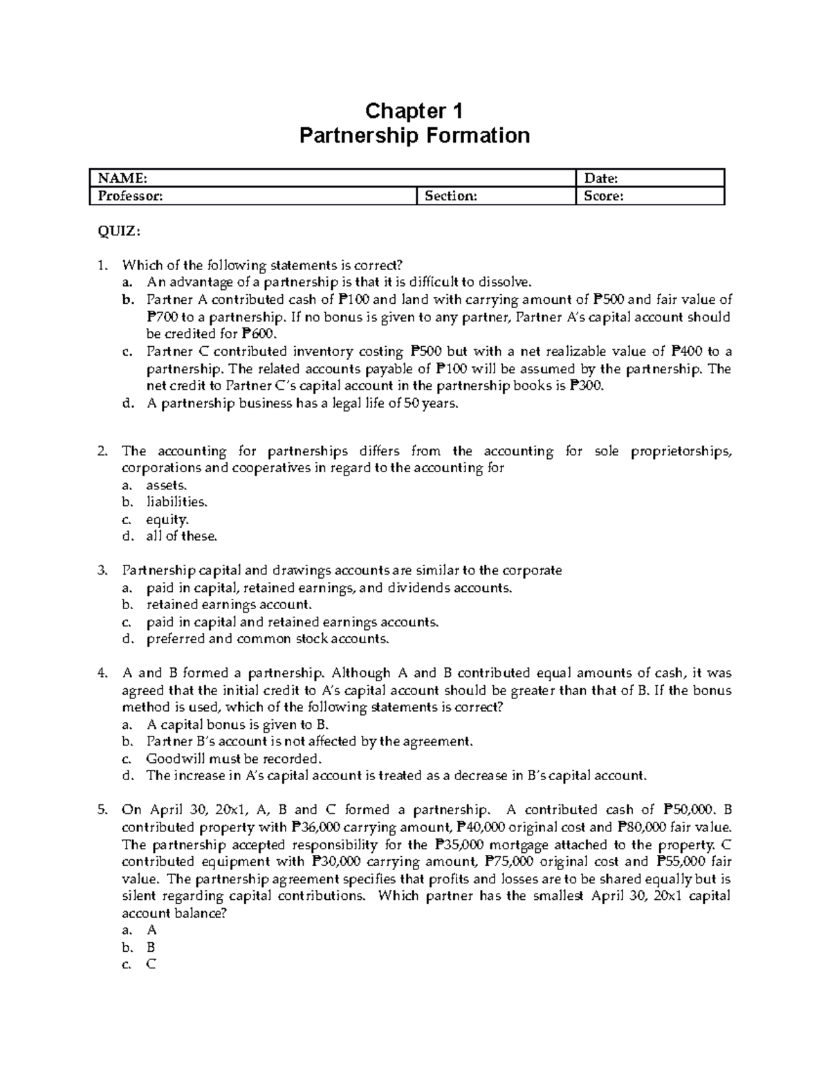 Quiz on Accounting for Special Partnerships Transactions (ACCT 101 ...