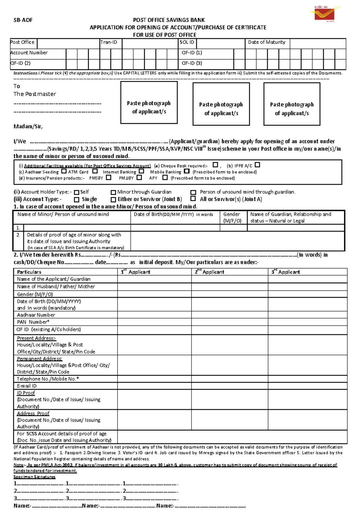 AOF Post Office Savings Bank Account Opening Application Form - Studocu