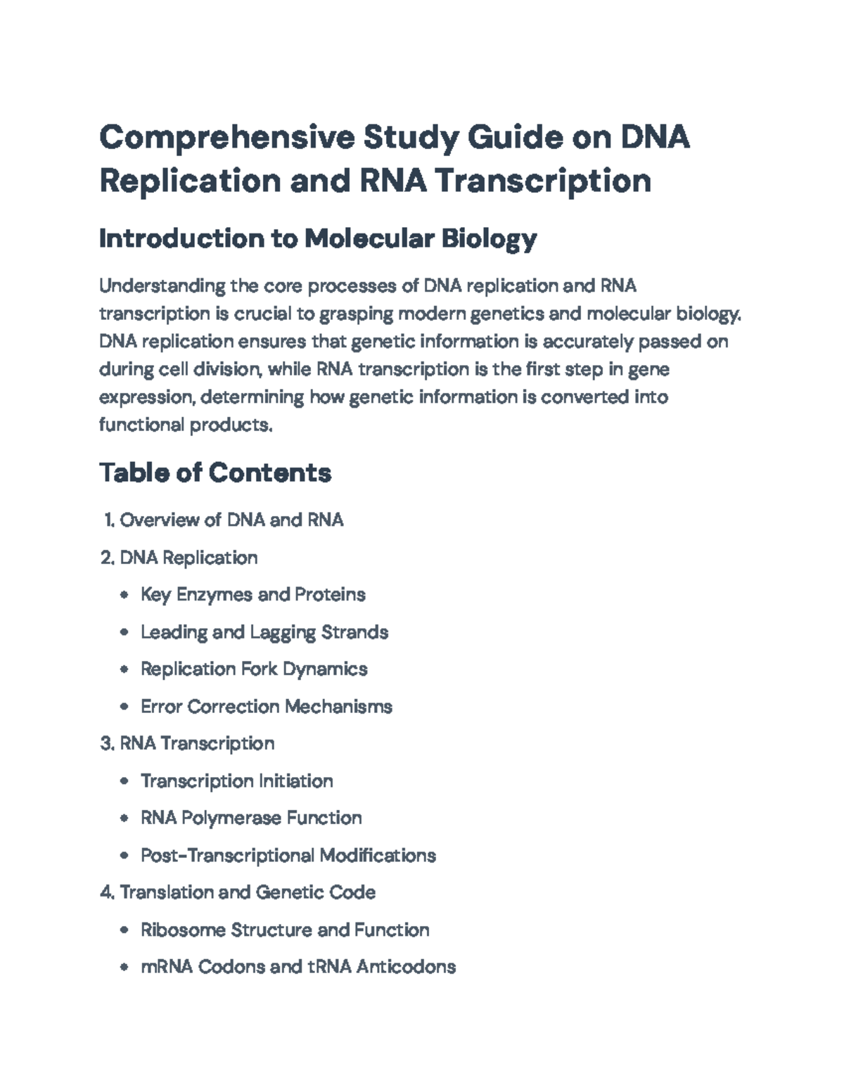 Comprehensive Study Guide on DNA Replication and RNA Transcription ...