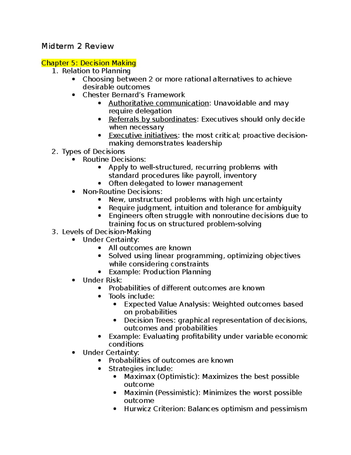 Midterm 2 Review - Midterm 2 Review Chapter 5: Decision Making 1 ...