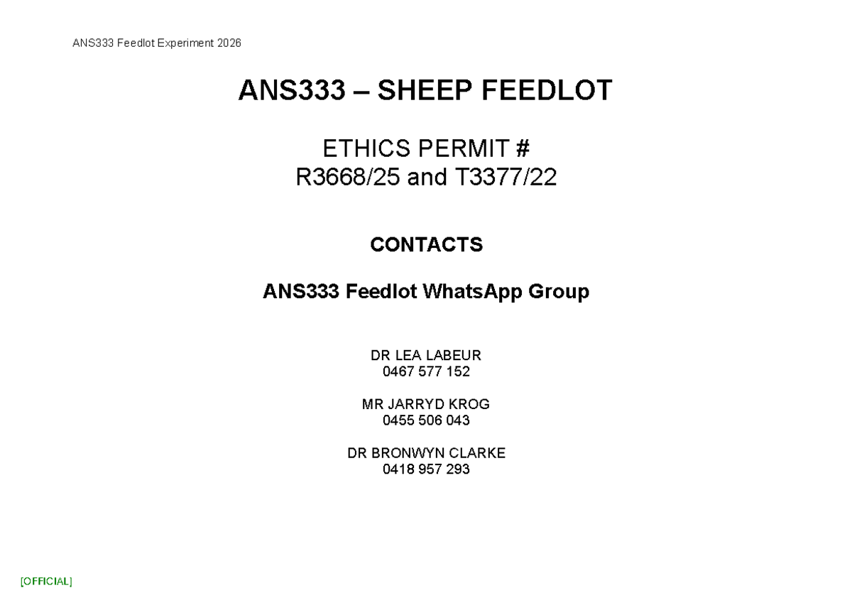 Feedlot Experiment 2026: Monitoring Sheets and Ethics Guidelines - Studocu