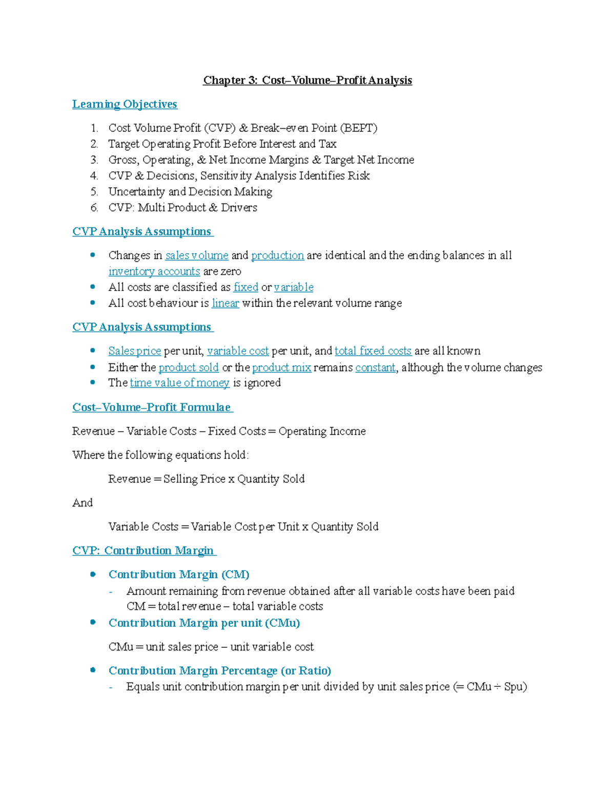 Chapter 3: CVP Analysis & Decision Models Overview - Studocu
