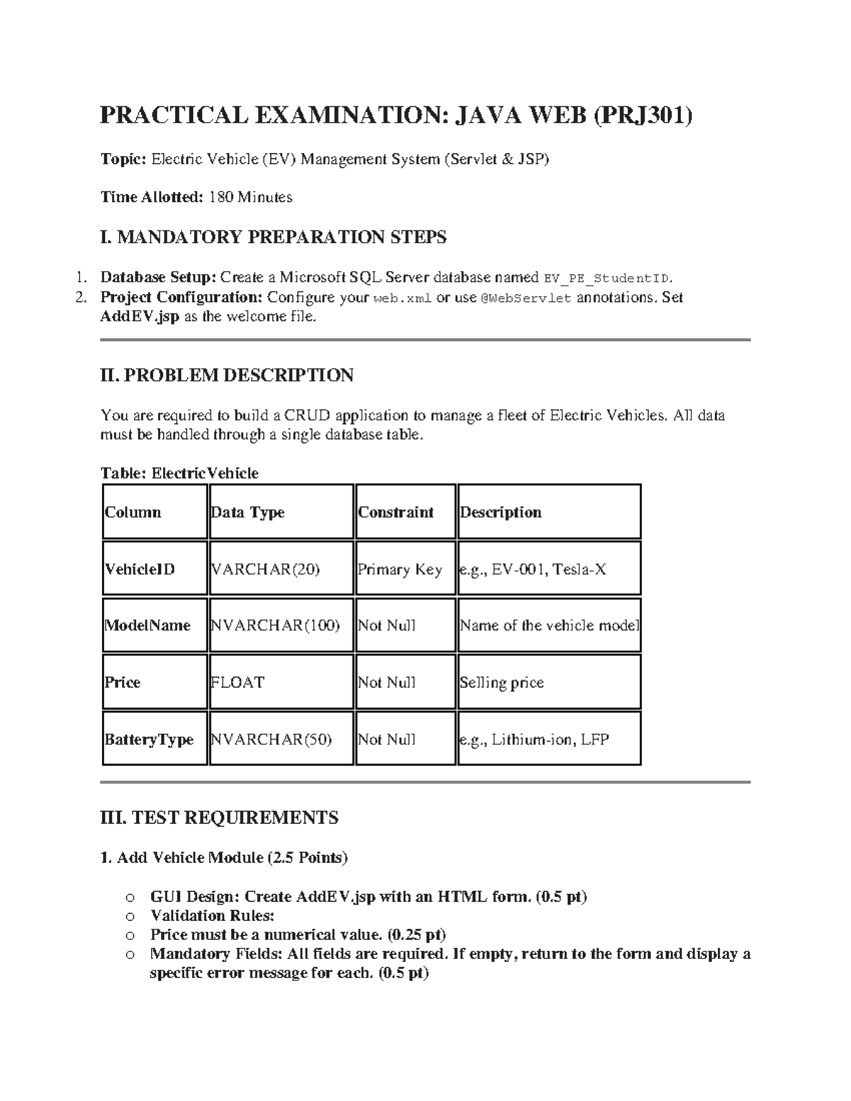 Practical Exam: Java Web (PRJ301) - Electric Vehicle Management System ...
