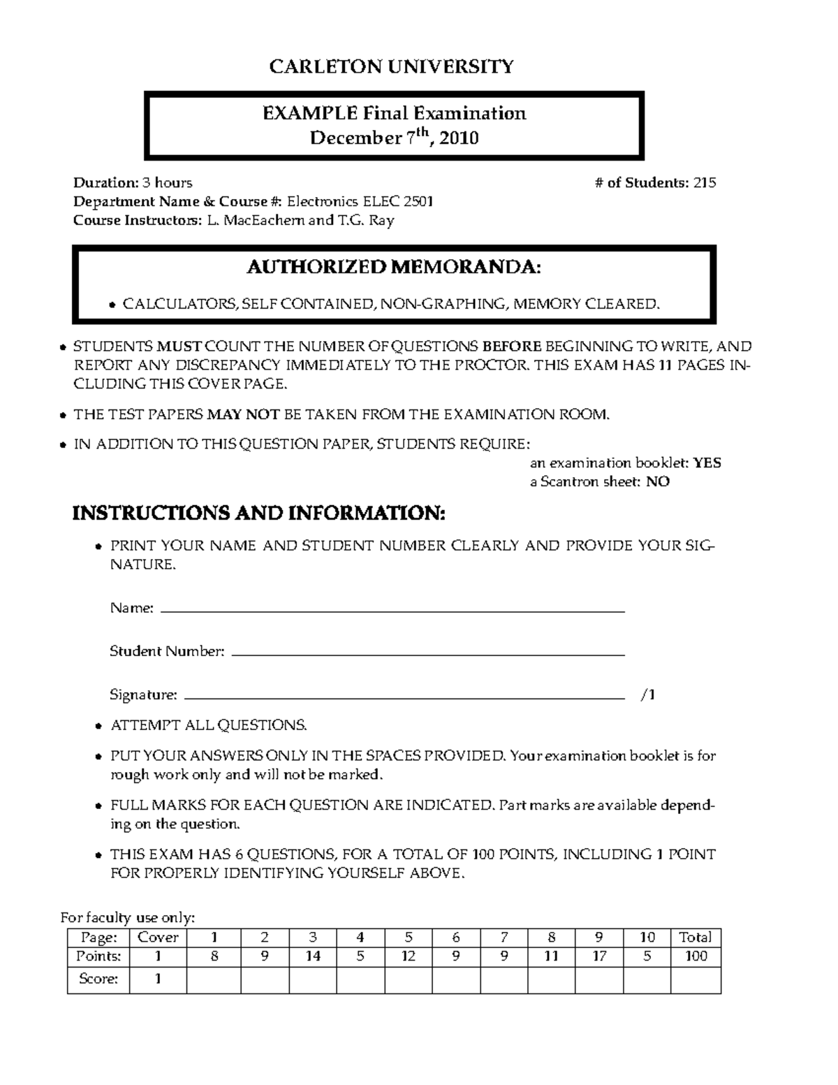 ELEC 2501 Final Exam Example December 2010 - Sample Questions - Studocu