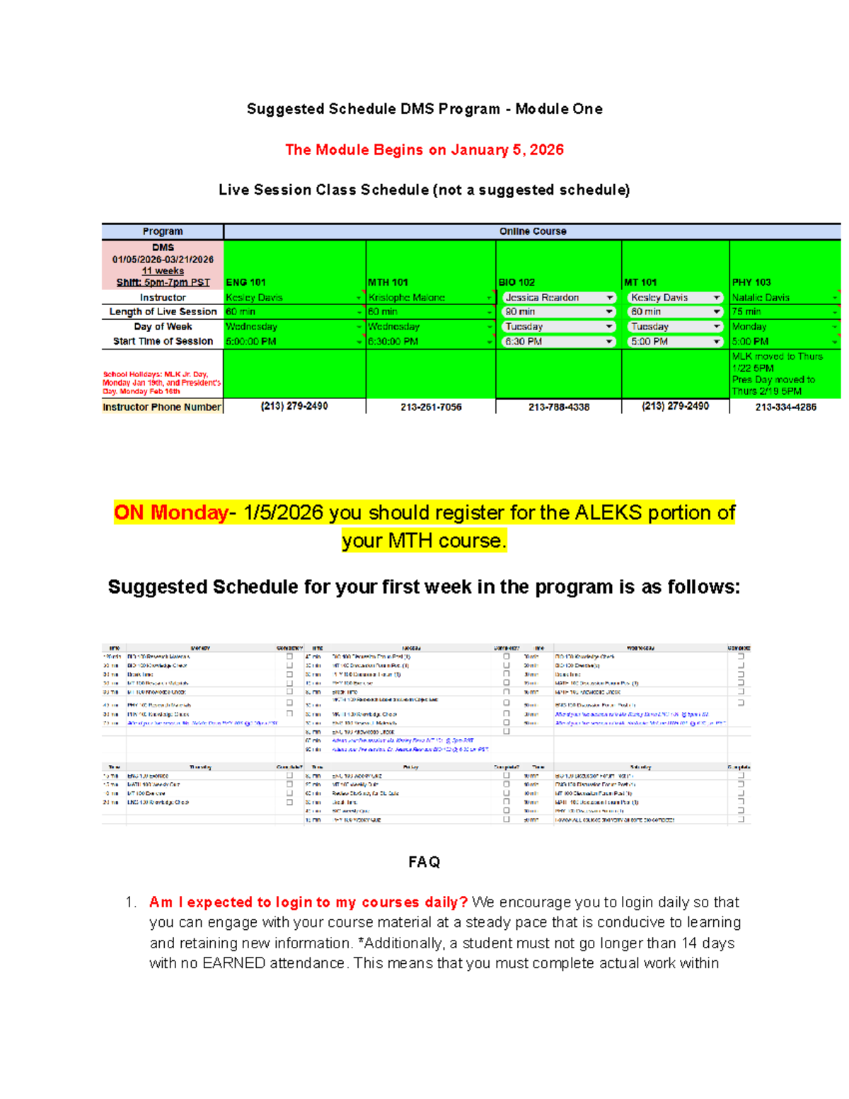 Orientation - Suggested Schedule for DMS Program Module 1 - Studocu