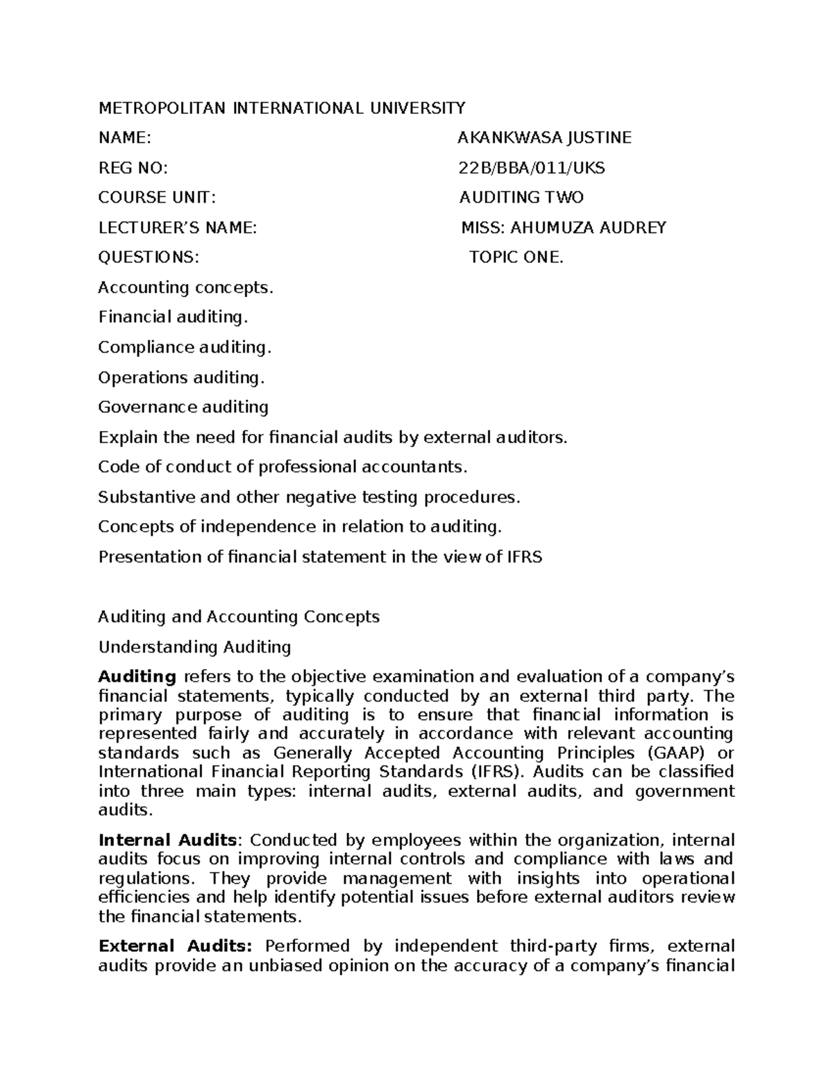 Auditing Two - Comprehensive Study Notes for Final Exam - Studocu