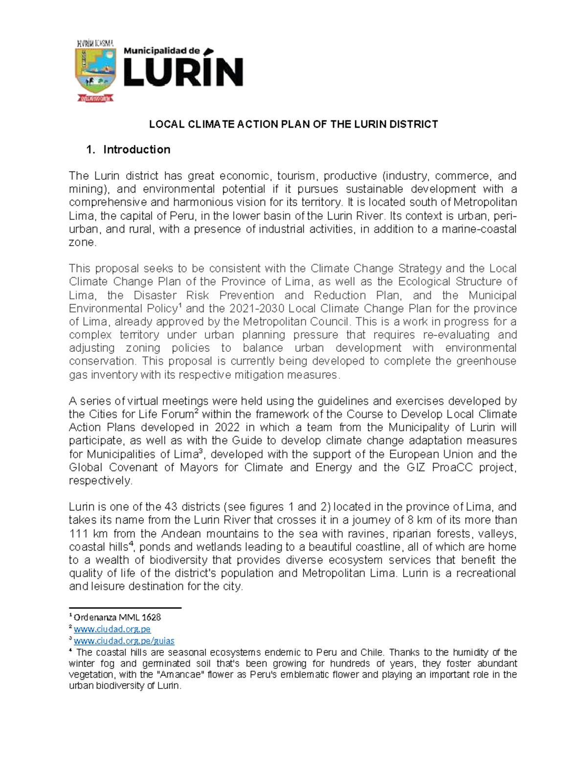 LOCAL CLIMATE ACTION PLAN FOR LURIN DISTRICT: ADAPTATION MEASURES - Studocu