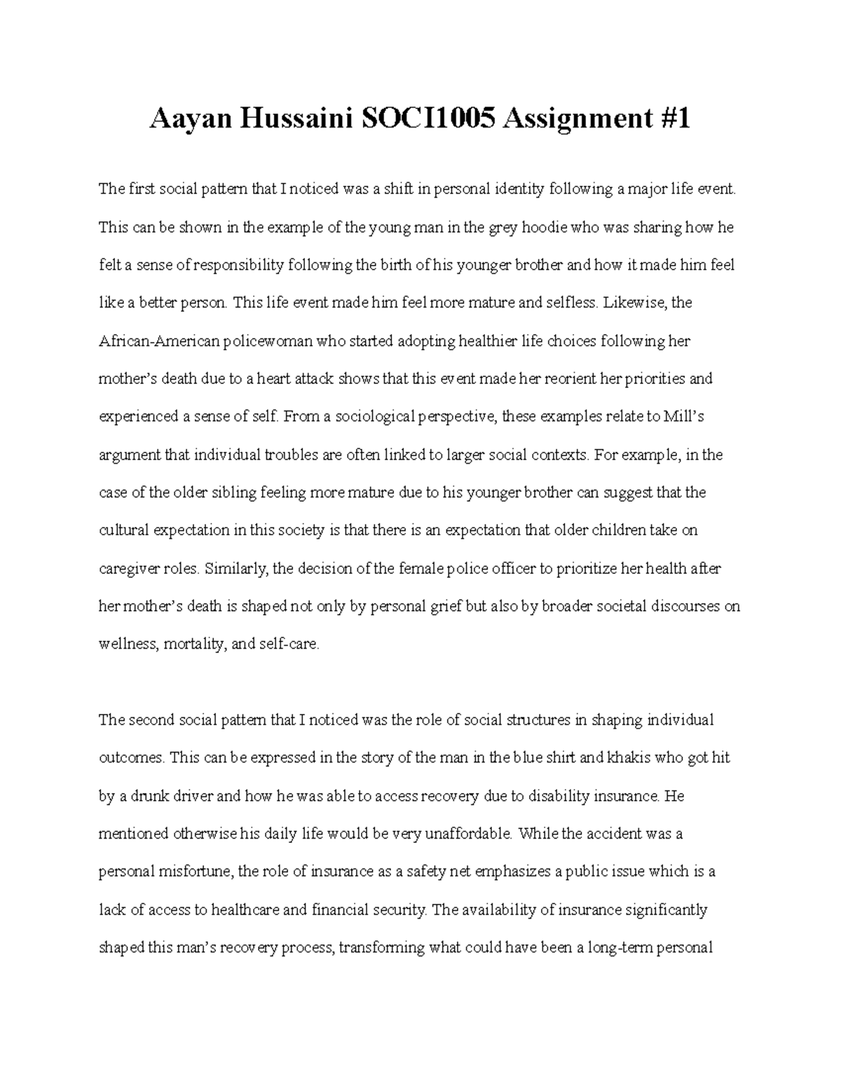 SOCI1005 Assignment #1: Social Patterns in Personal Identity and ...