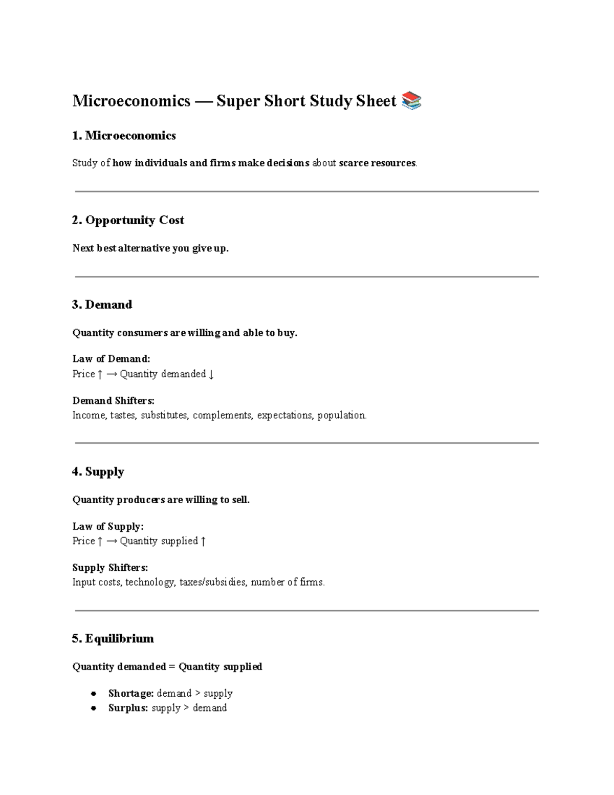 Microeconomics Study Sheet 1: Key Concepts & Equilibrium - Studocu