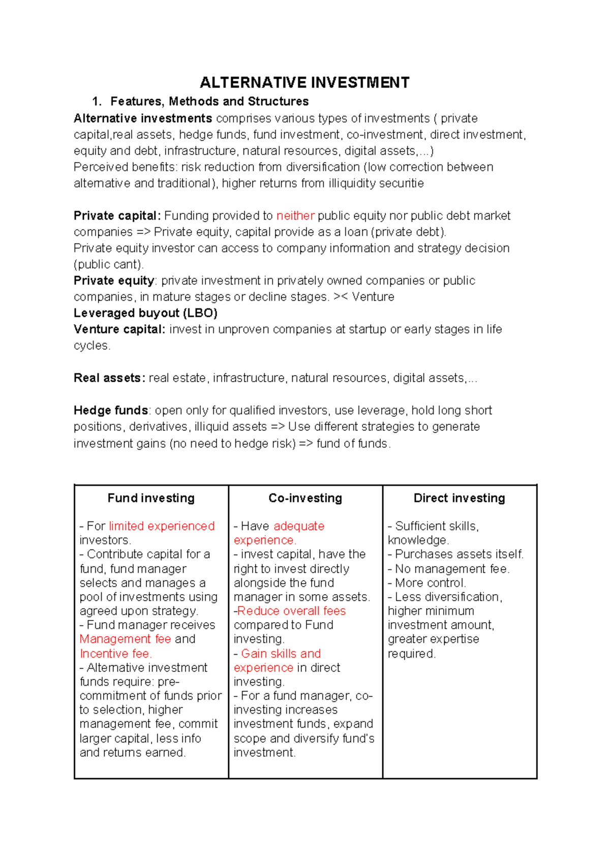 CFA Recap - Summary CFA Level 1 - ALTERNATIVE INVESTMENT Features ...