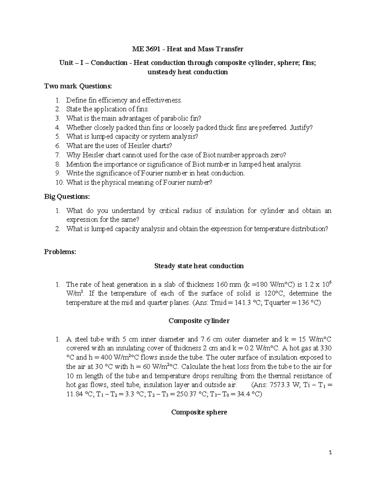 HMT 3691 Assignment: Unit I - Heat Conduction in Composite Cylinders ...