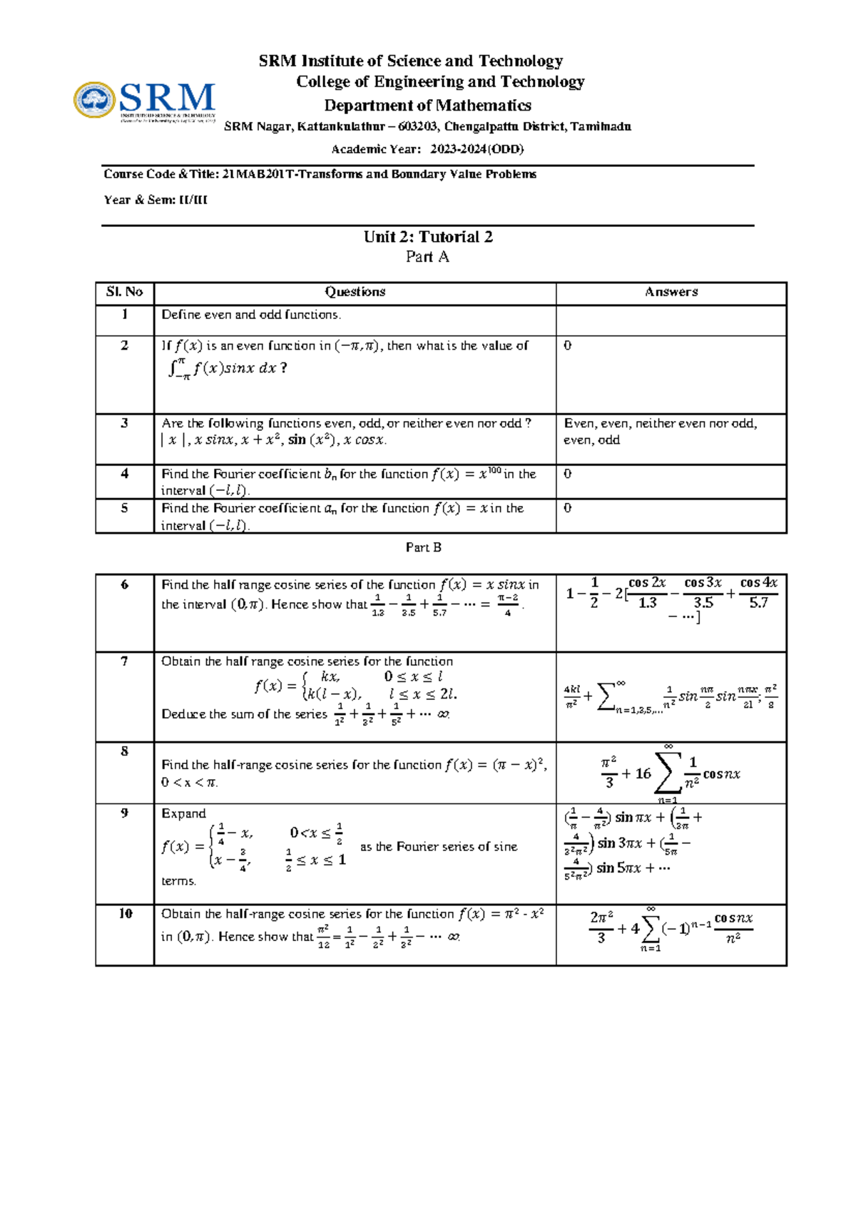 Unit 2 Tutorial 2: Boundary Value Problems - 21MAB201T - Studocu