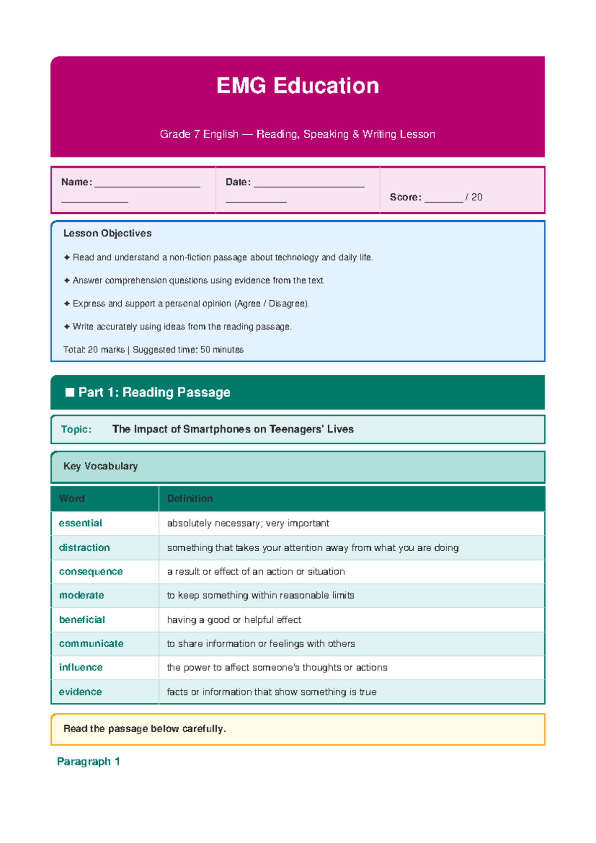 EMG Education Grade 7 English Reading Lesson: The Impact of Smartphones ...
