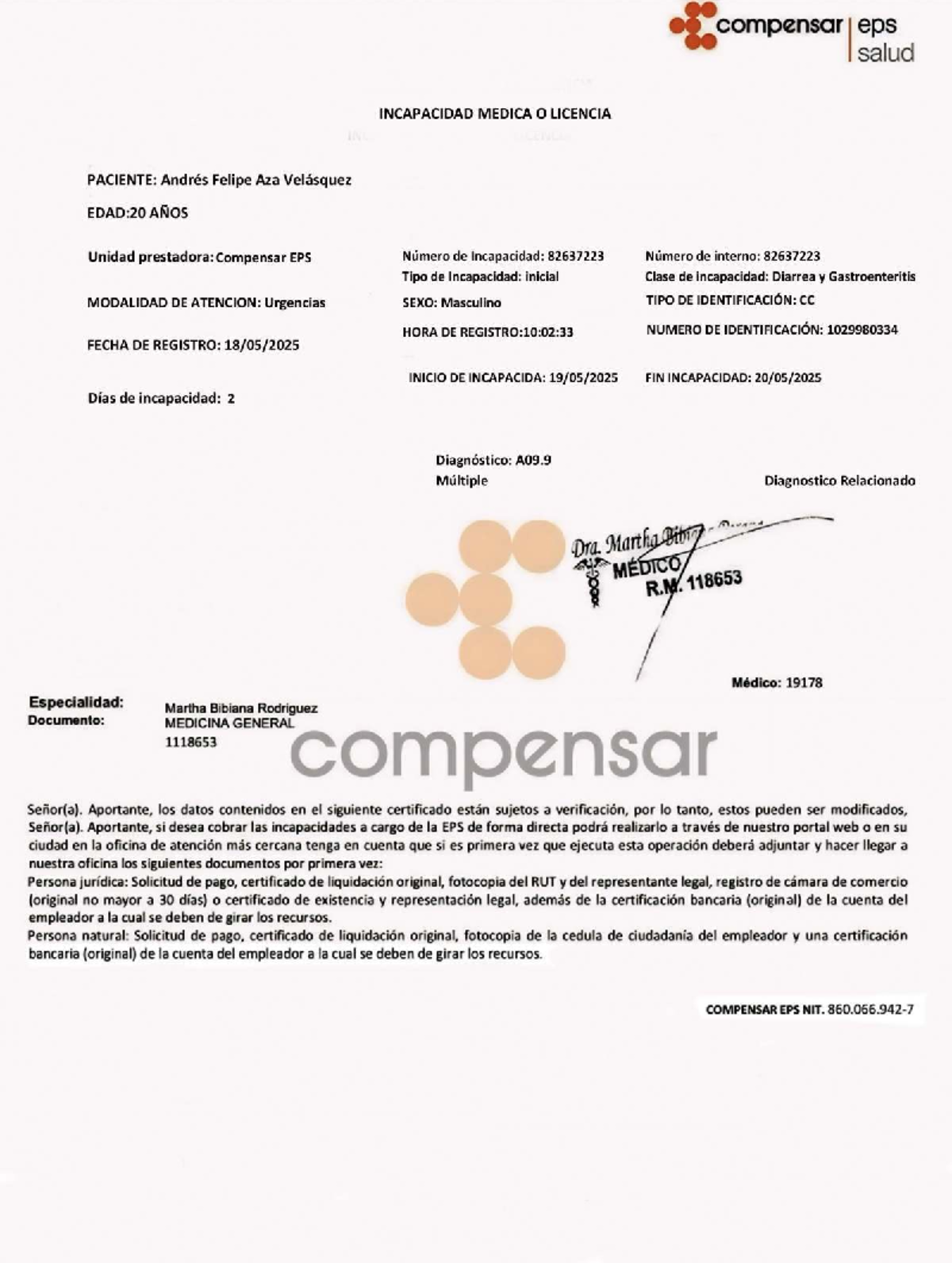 Excusa Médica Compensar EPS: Incapacidad por Diarrea y Gastroenteritis ...